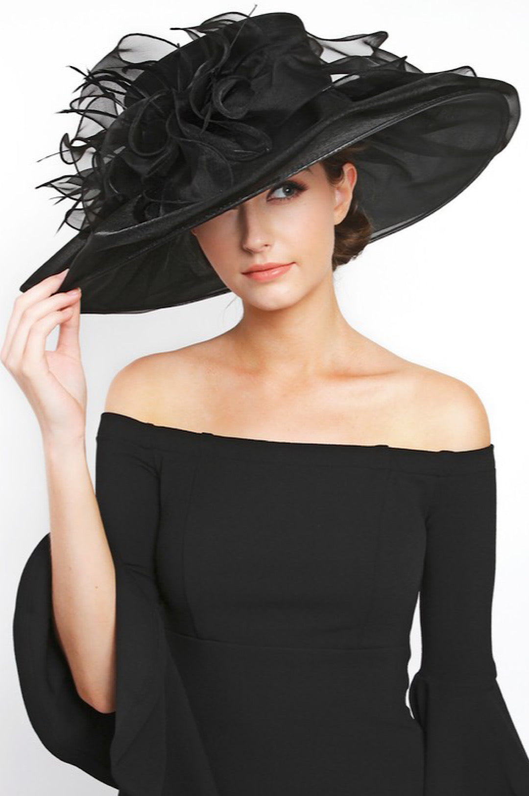 Black Floral Detail Organza Wide Brim Hat