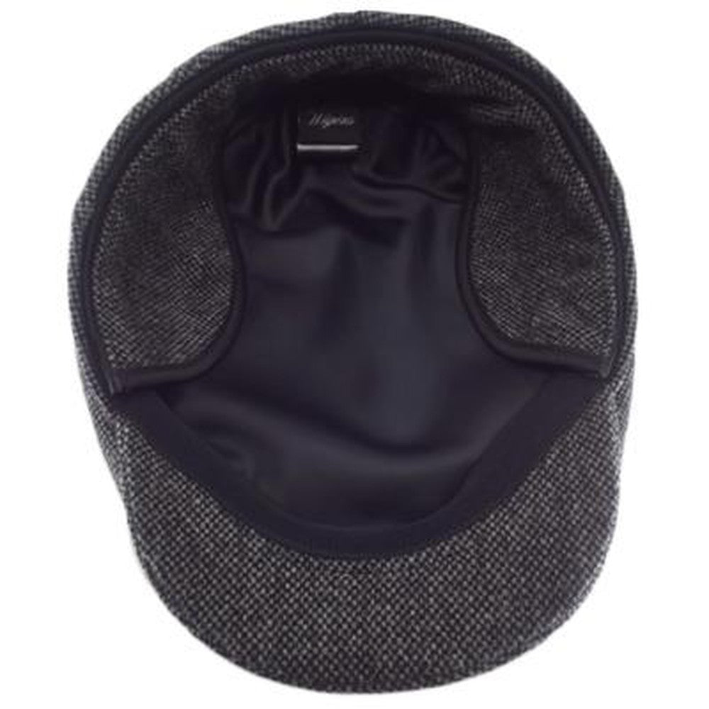 Black Wool Herringbone Driving Cap with Ear Flaps