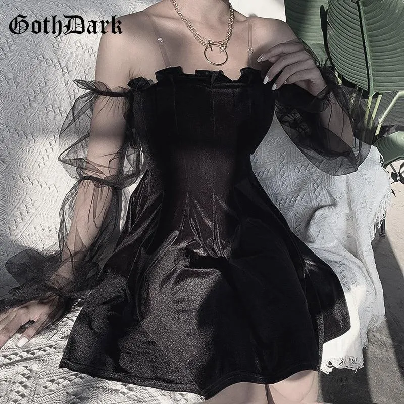 Goth Dark Mesh Vintage Egirl Aesthetic Transpanent Strap Pleated Gothic Dress