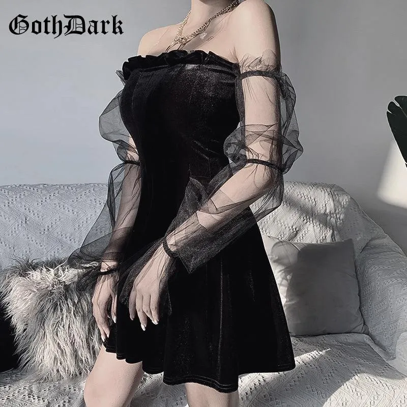 Goth Dark Mesh Vintage Egirl Aesthetic Transpanent Strap Pleated Gothic Dress