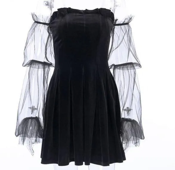 Goth Dark Mesh Vintage Egirl Aesthetic Transpanent Strap Pleated Gothic Dress