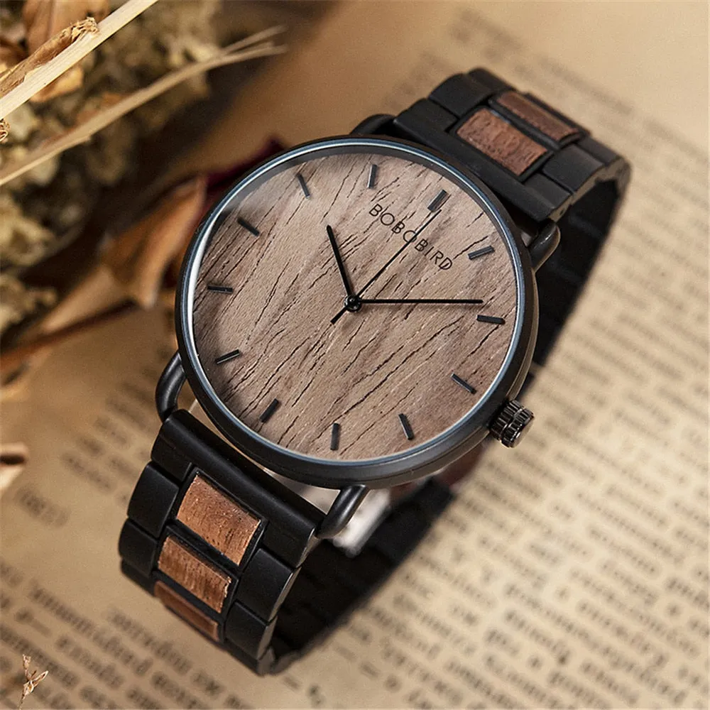 Luxury Business Style Stainless Steel Wood Quartz Wristwatch for Men