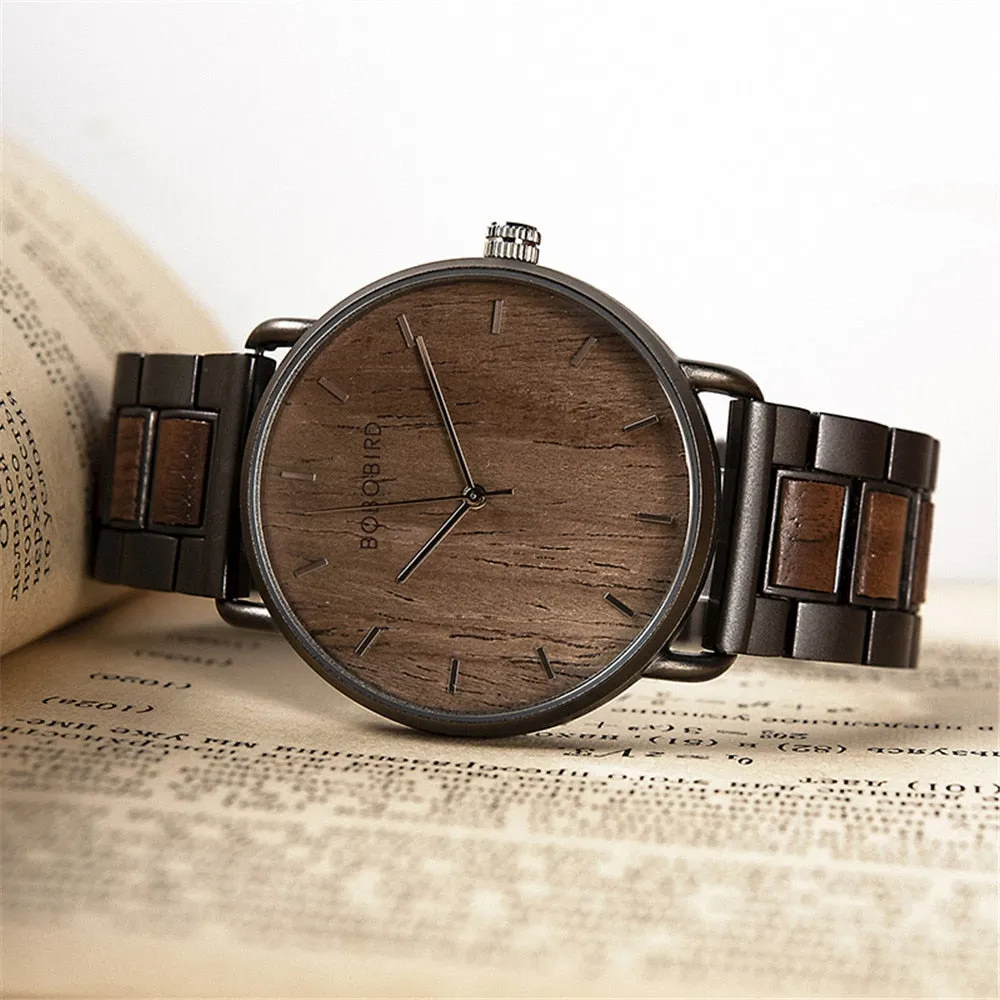 Luxury Business Style Stainless Steel Wood Quartz Wristwatch for Men