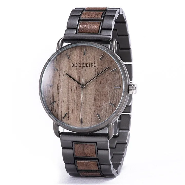 Luxury Business Style Stainless Steel Wood Quartz Wristwatch for Men