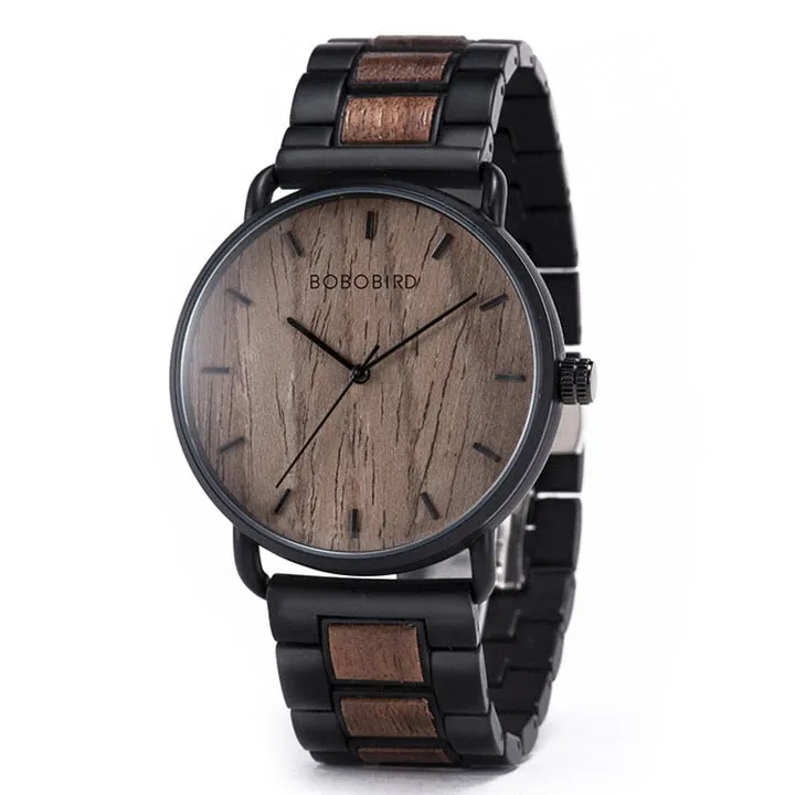 Luxury Business Style Stainless Steel Wood Quartz Wristwatch for Men