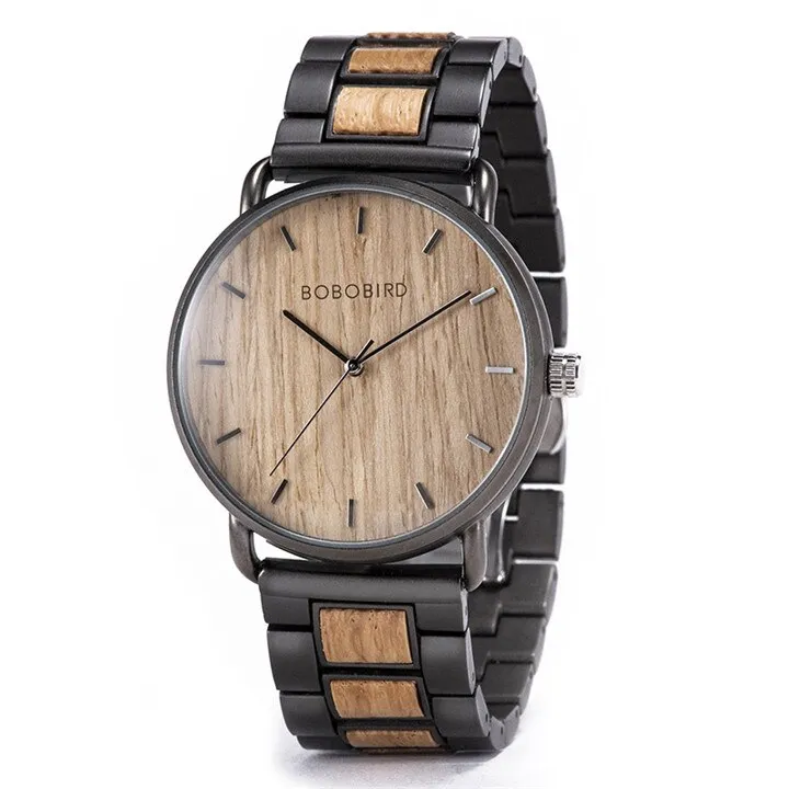 Luxury Business Style Stainless Steel Wood Quartz Wristwatch for Men