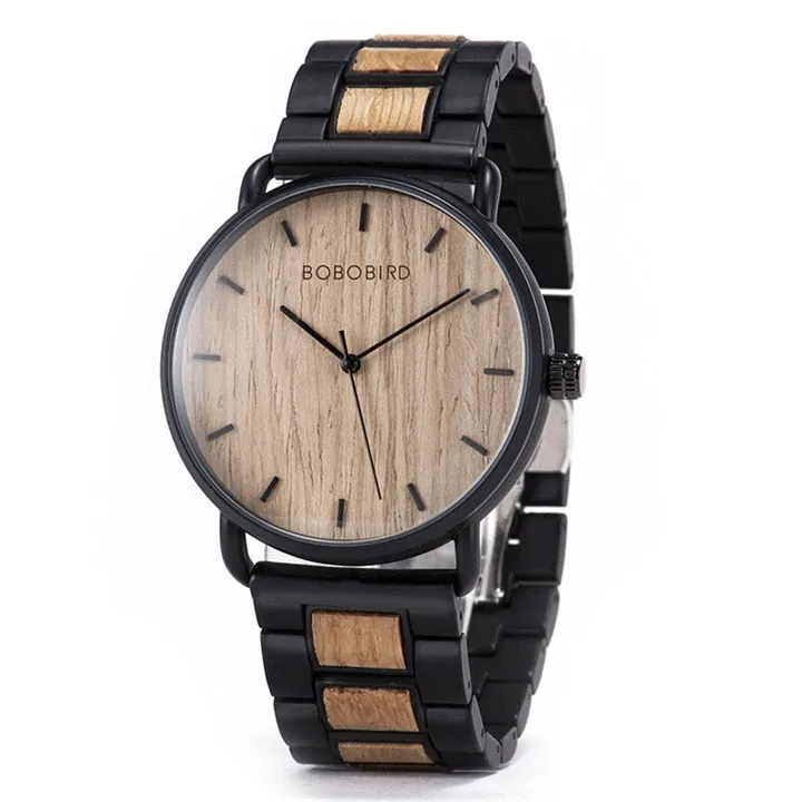 Luxury Business Style Stainless Steel Wood Quartz Wristwatch for Men