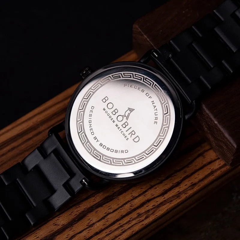 Luxury Business Style Stainless Steel Wood Quartz Wristwatch for Men