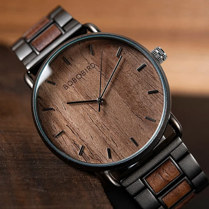 Luxury Business Style Stainless Steel Wood Quartz Wristwatch for Men