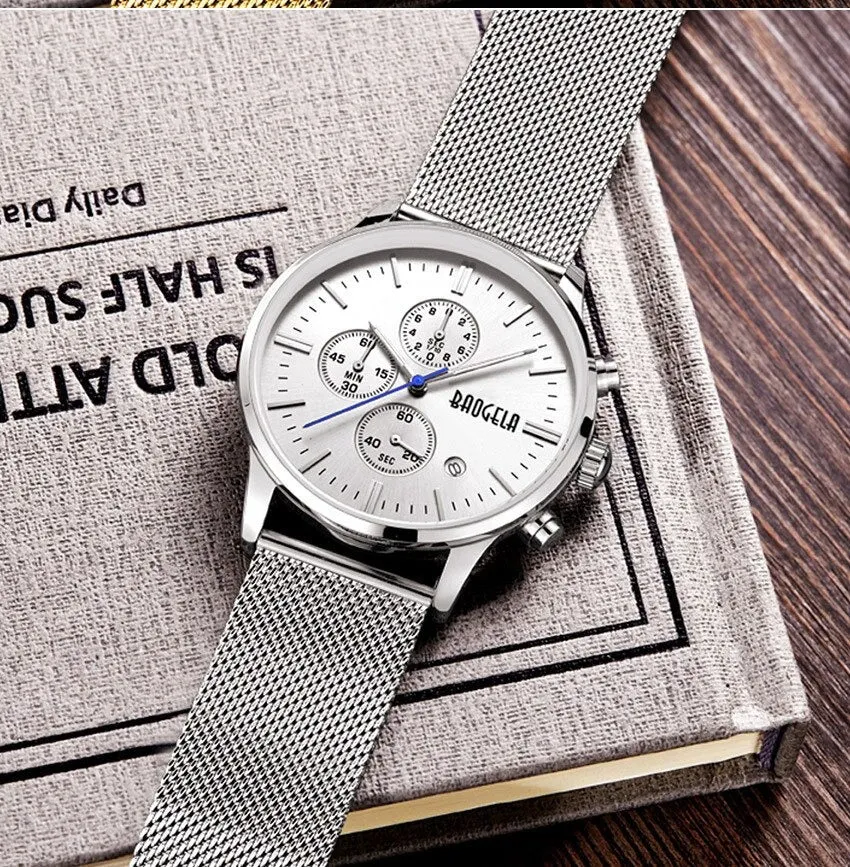 Men's Sports Fashion Stainless Steel Mesh Band Watches with Auto Date