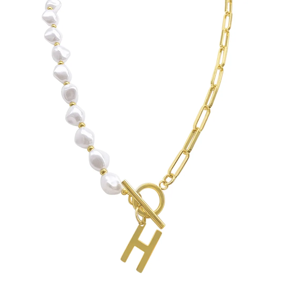 Pearl and Paperclip Chain Initial Toggle Necklace gold