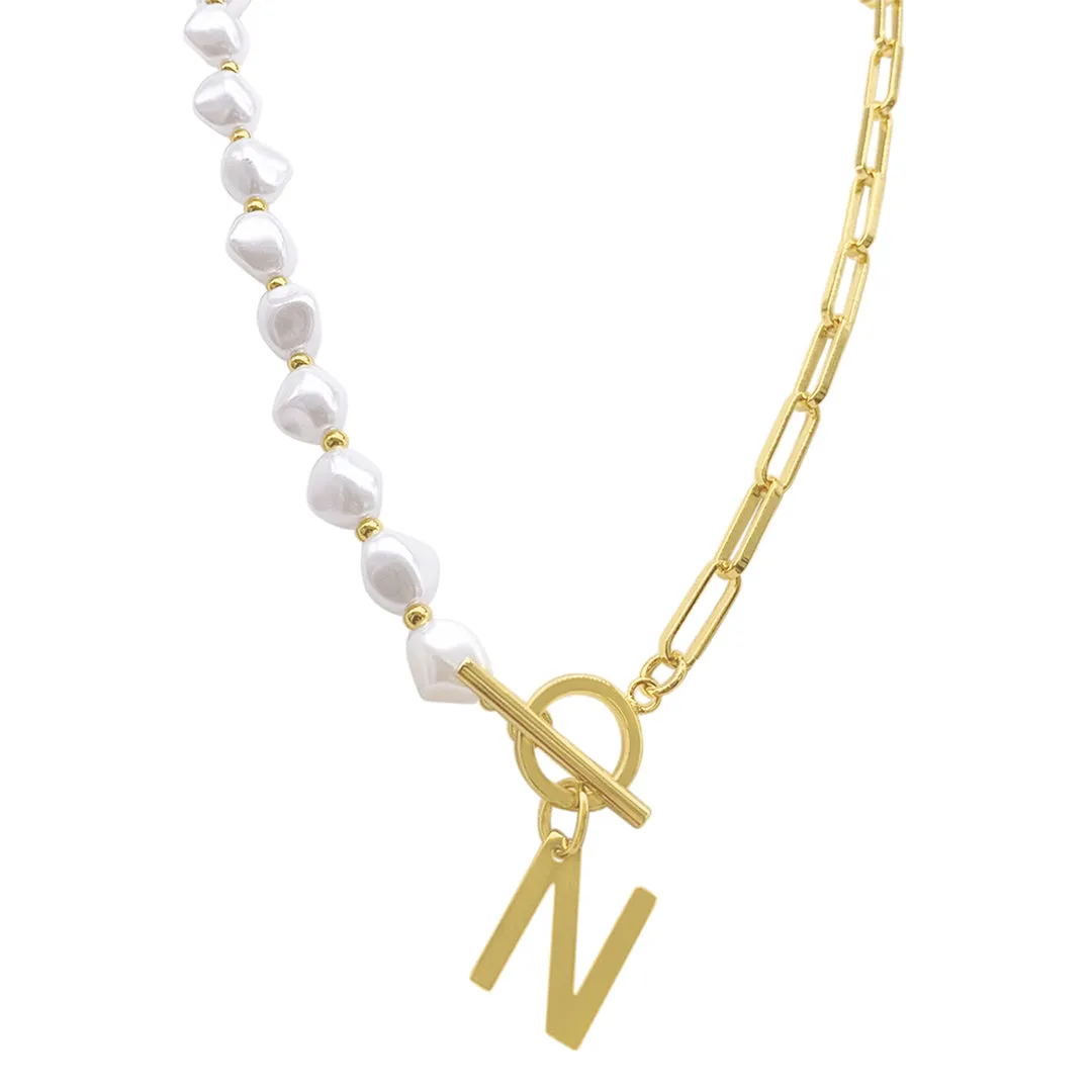 Pearl and Paperclip Chain Initial Toggle Necklace gold