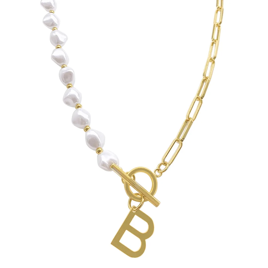 Pearl and Paperclip Chain Initial Toggle Necklace gold