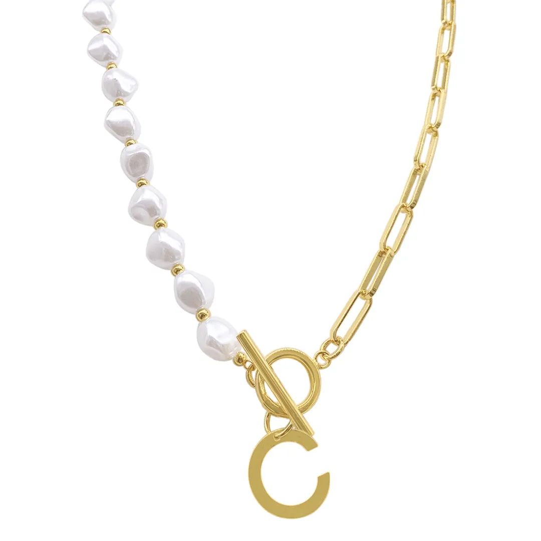 Pearl and Paperclip Chain Initial Toggle Necklace gold