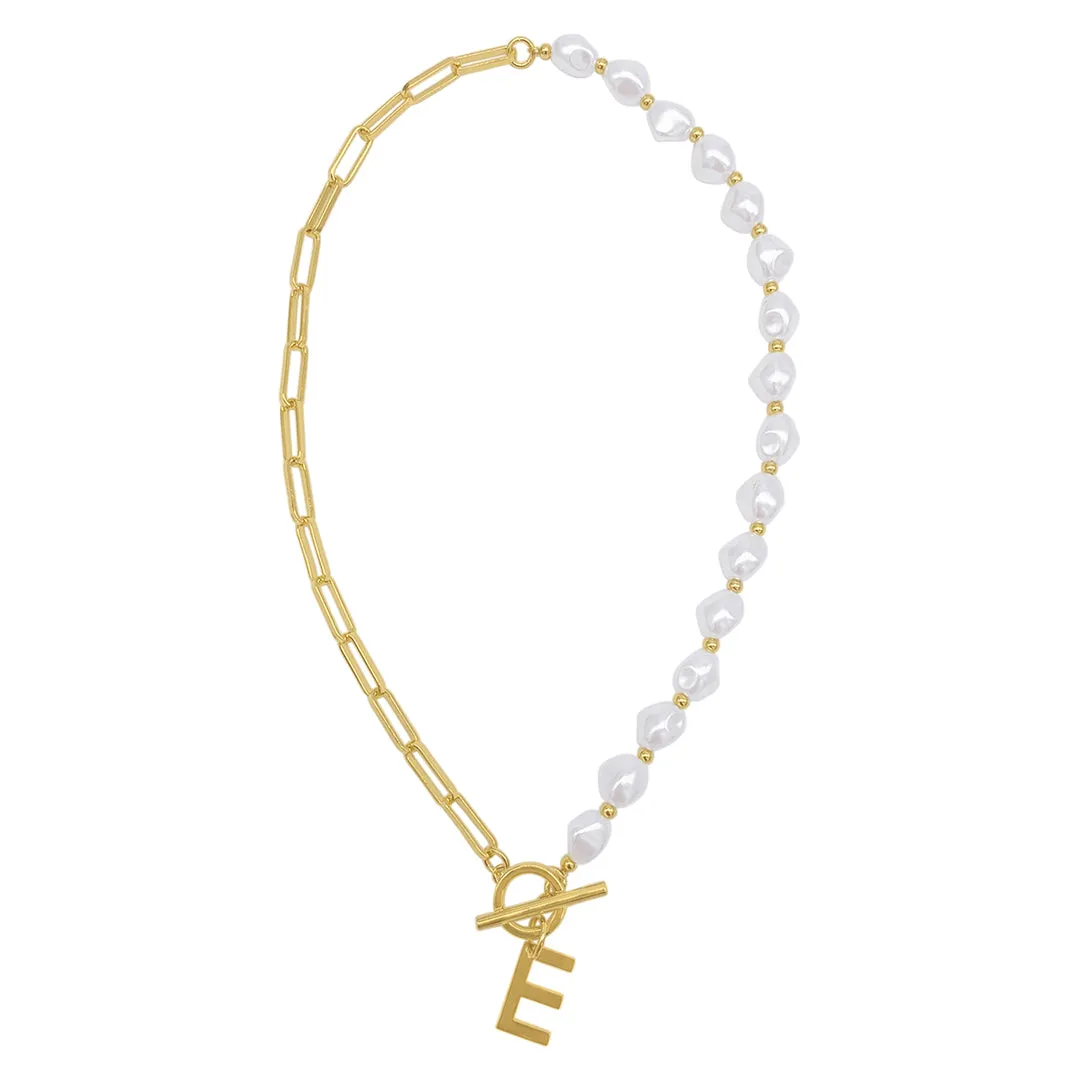 Pearl and Paperclip Chain Initial Toggle Necklace gold