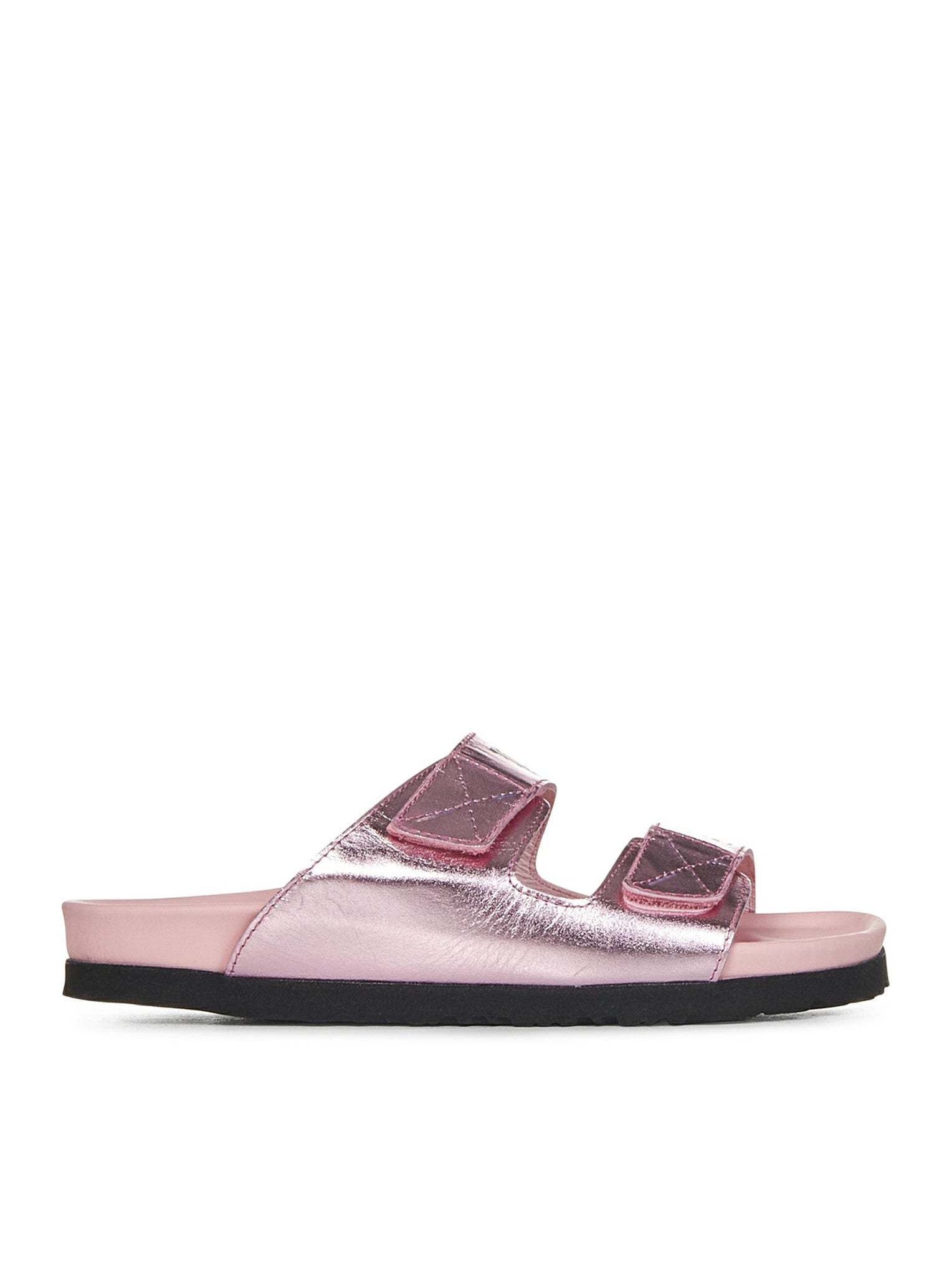 Pink slide sandals in metallic leather with double strap with logo print