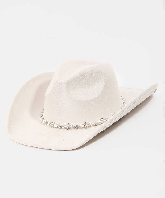 Rhinestone Studded Strap Cowboy Hat - Ivory