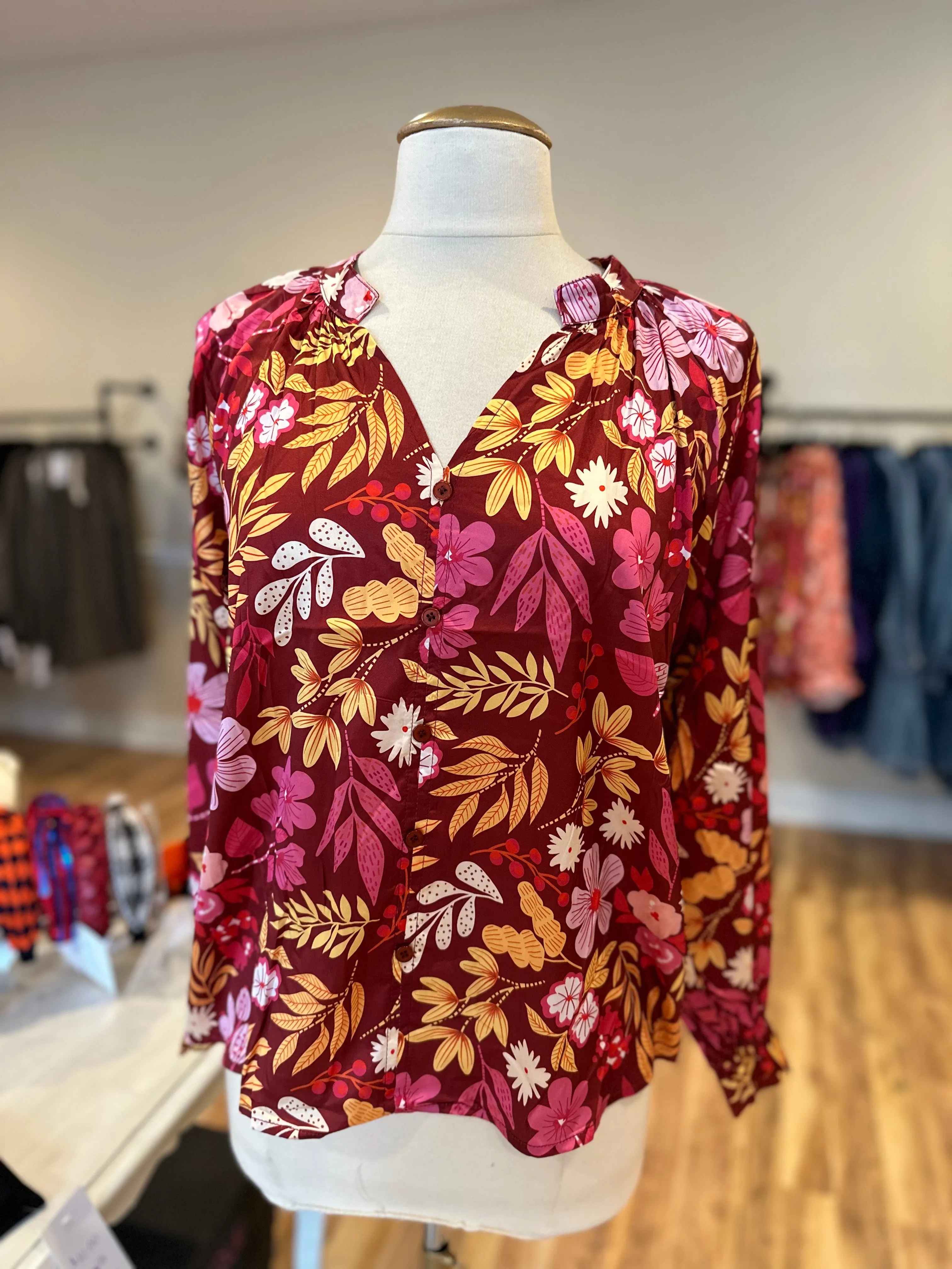 Southern Grace Floral Shirt in Maroon