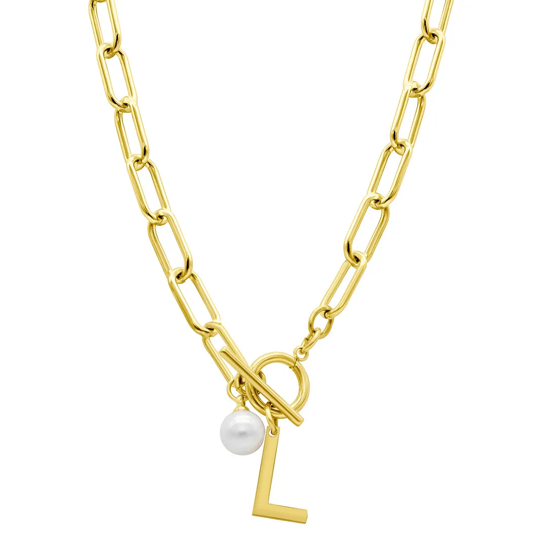 Tarnish Resistant 14k Gold Plated Freshwater Pearl Initial Toggle Necklace