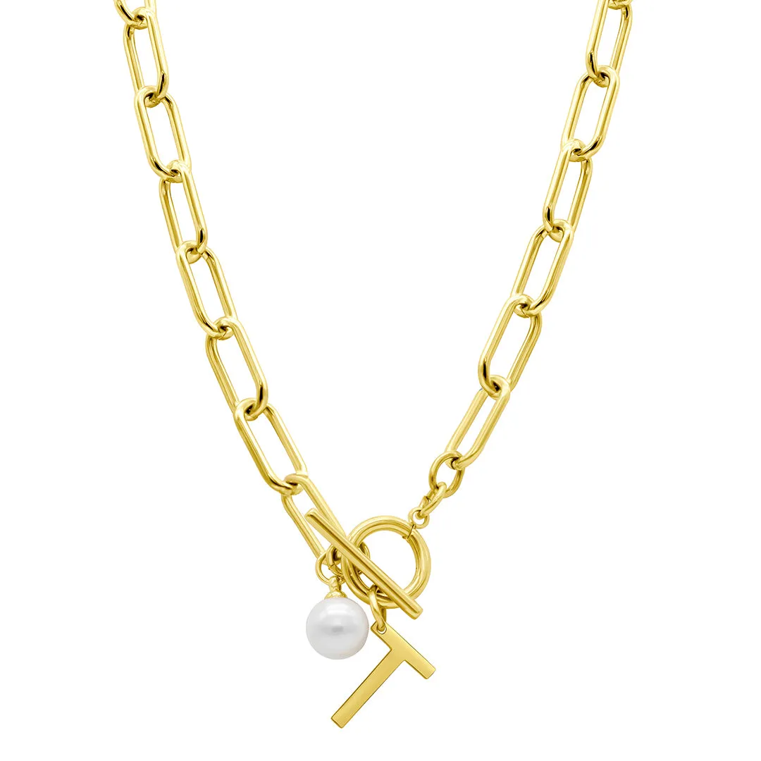 Tarnish Resistant 14k Gold Plated Freshwater Pearl Initial Toggle Necklace