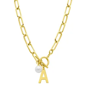 Tarnish Resistant 14k Gold Plated Freshwater Pearl Initial Toggle Necklace