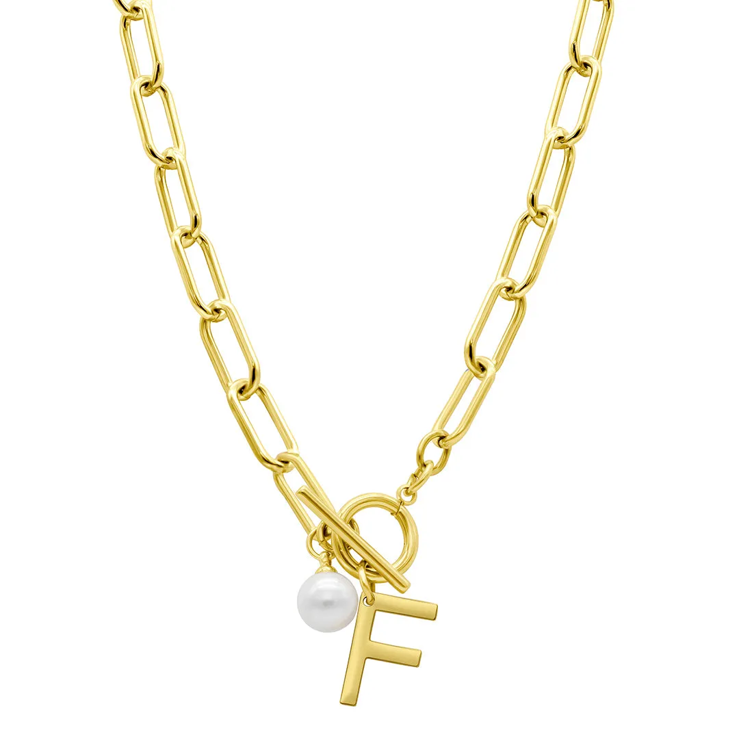 Tarnish Resistant 14k Gold Plated Freshwater Pearl Initial Toggle Necklace