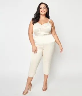 Unique Vintage Plus Size 1970s Cream Satin Bridal Marcel Jumpsuit