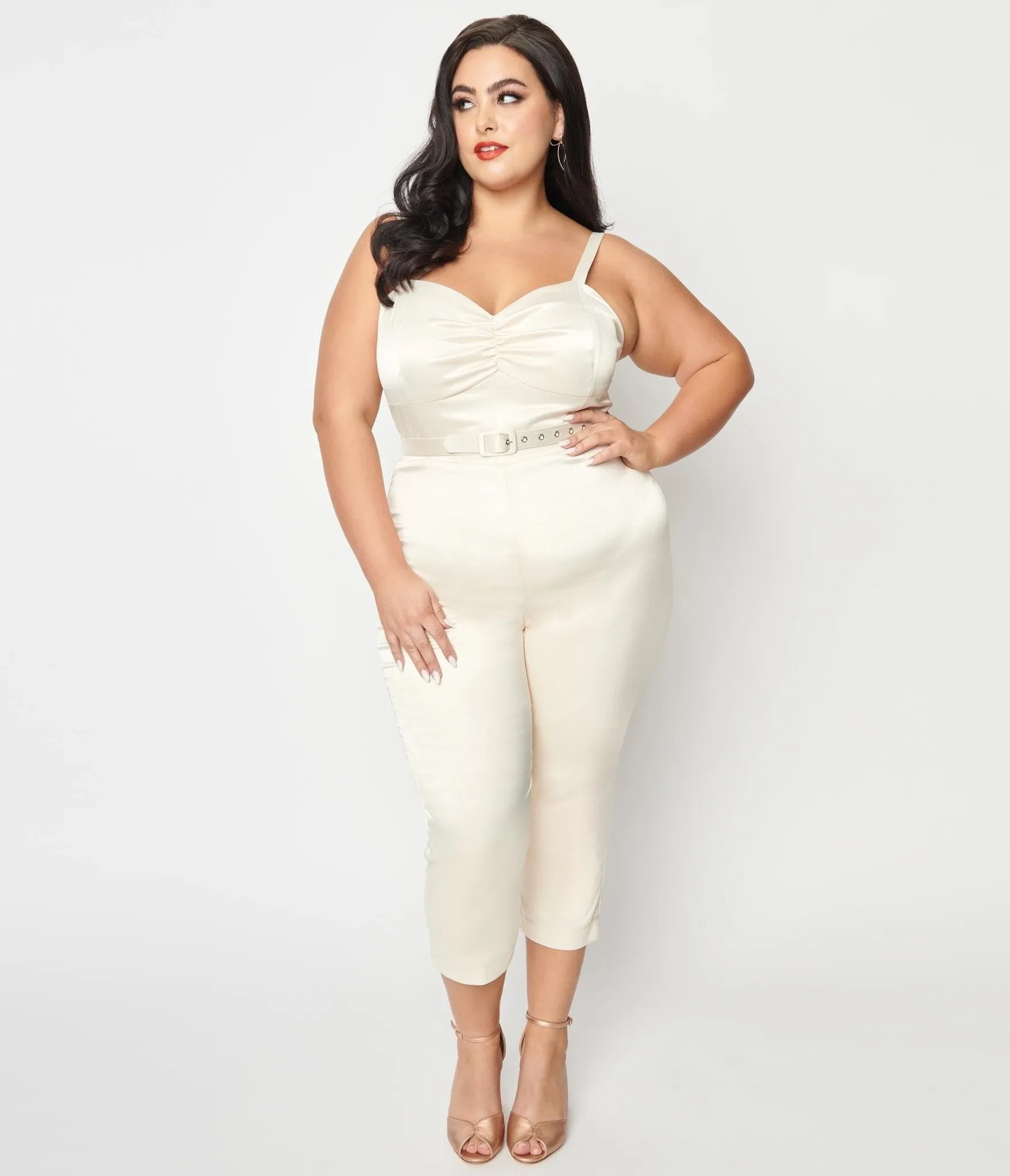 Unique Vintage Plus Size 1970s Cream Satin Bridal Marcel Jumpsuit