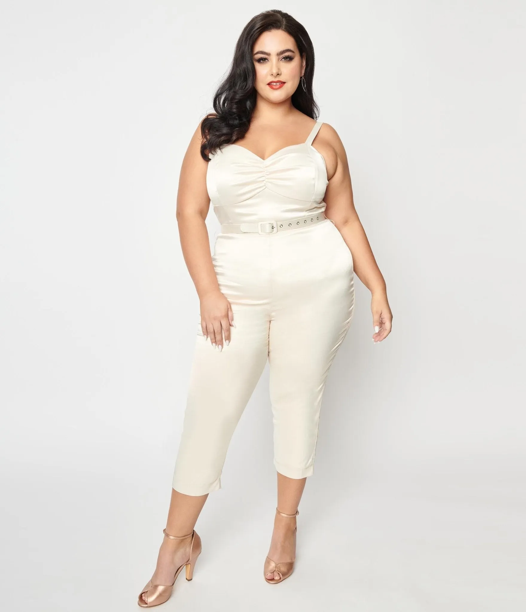 Unique Vintage Plus Size 1970s Cream Satin Bridal Marcel Jumpsuit