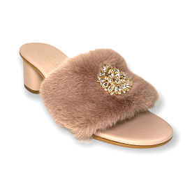 Victoria mule in nude pink faux fur with crystals