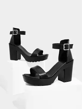 Woman Shoes Elegant Ankle Strap Buckle Decor Black Chunky Heeled Sandals For Spring And Summer