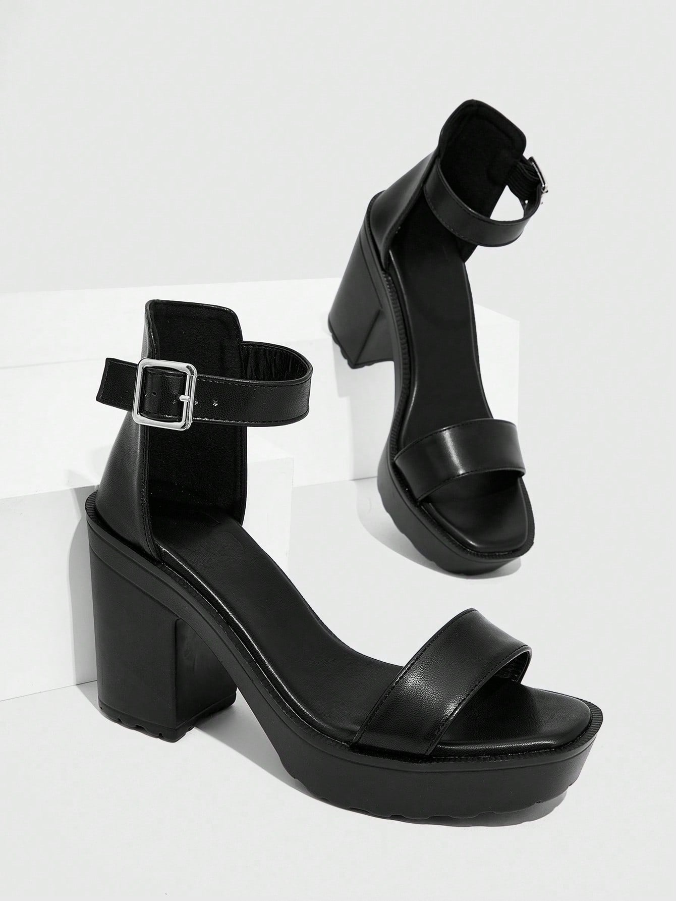 Woman Shoes Elegant Ankle Strap Buckle Decor Black Chunky Heeled Sandals For Spring And Summer