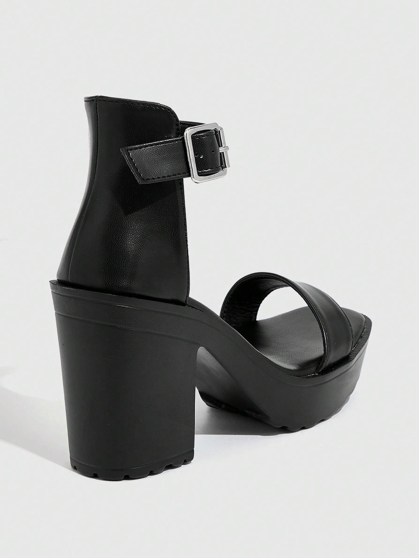 Woman Shoes Elegant Ankle Strap Buckle Decor Black Chunky Heeled Sandals For Spring And Summer