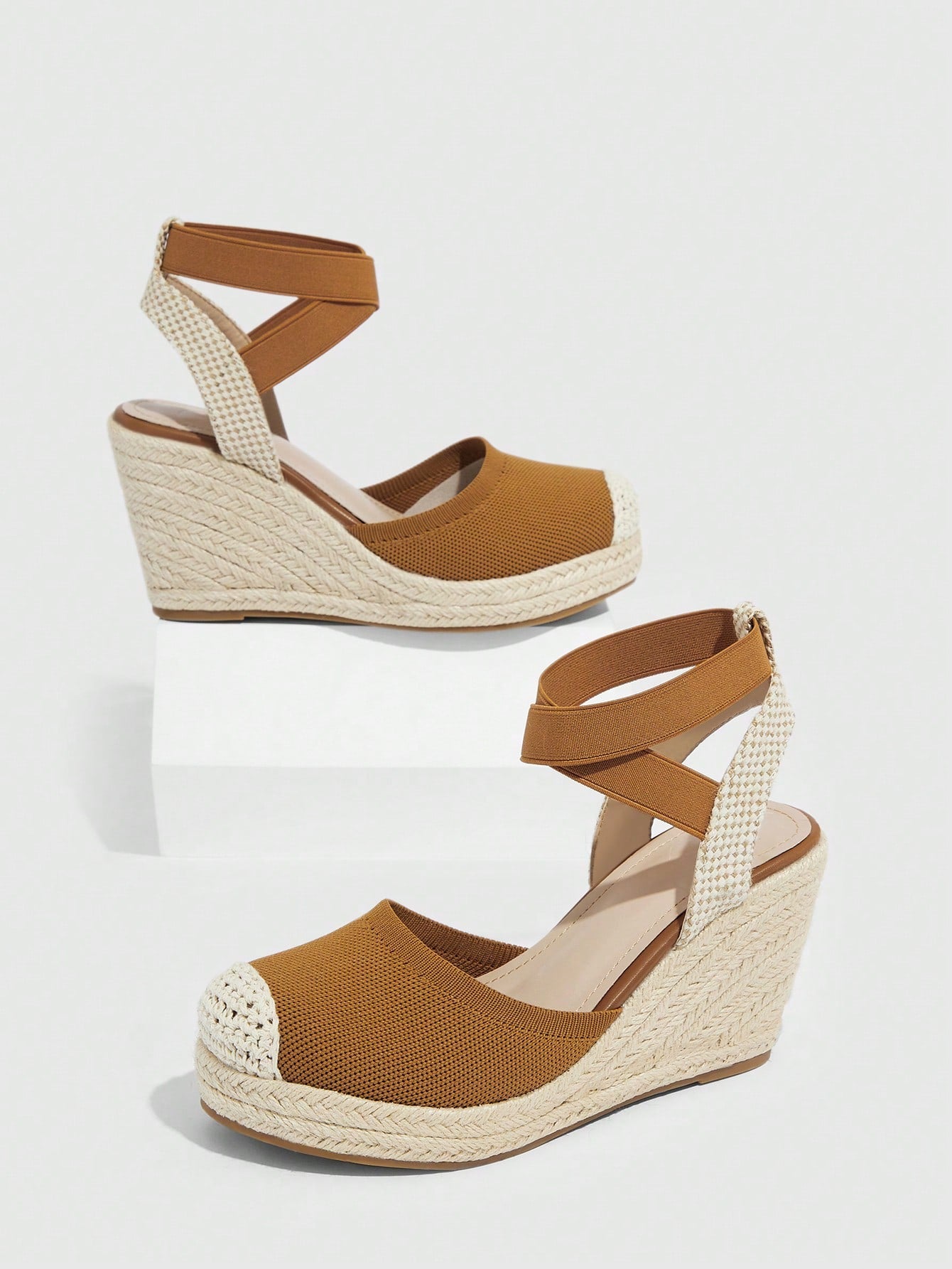 Woman Shoes Fashion Vacation Woven Ankle Strap Lightweight Wedge Platform Brown Sandals For Spring And Summer